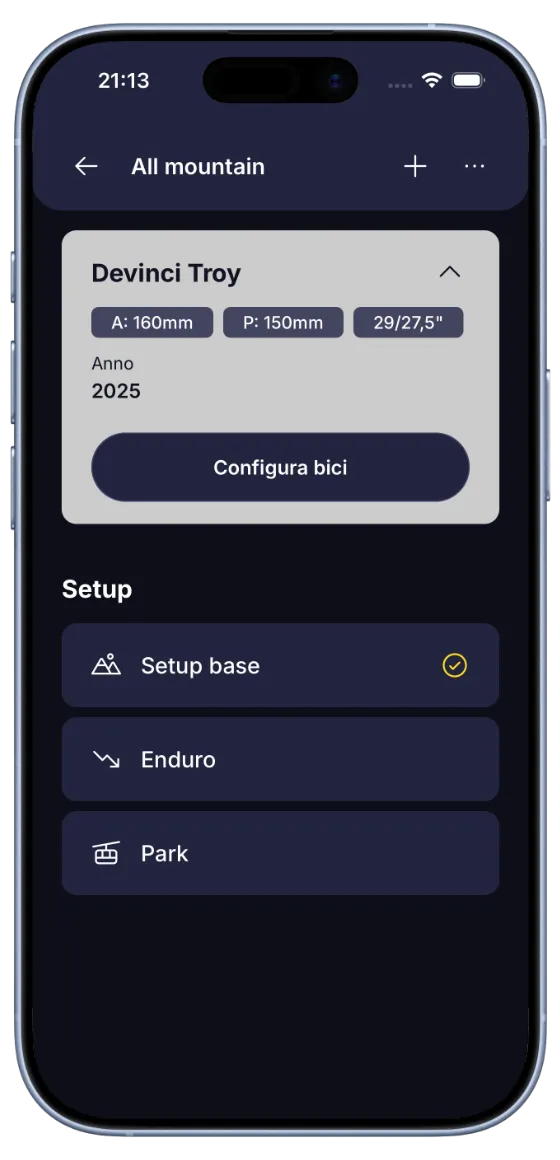 Schermata bici di BouncyBits con le specifiche e un elenco di setup salvati