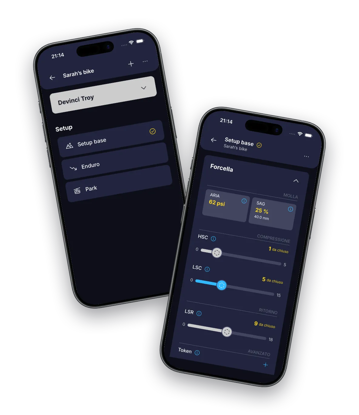 App BouncyBits che mostra una lista di setup e le impostazioni della forcella su due iPhone