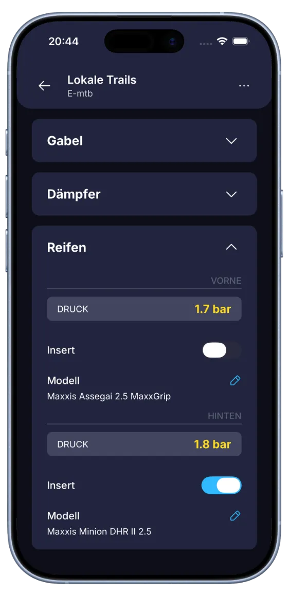 BouncyBits Setup-Bildschirm mit Gabel-, Dämpfer- und Reifeneinstellungen